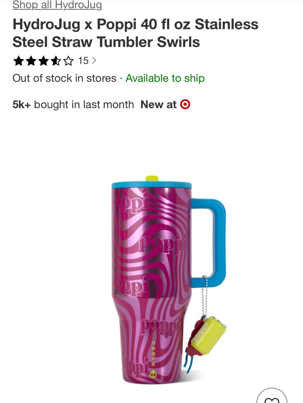 HydroJug x Poppi 40 fl oz Stainless Steel Straw Tumbler Swirls